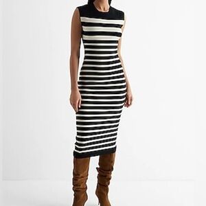 Express Black and Cream Striped Mid Calf Sweater Dress